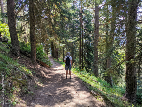 Arkhyz, Karachay-Cherkessia, Russia - August 25, 2022: Beautiful view of the coniferous forest. The rays of the sun break through the branches of trees. Man with a backpack stands on the path