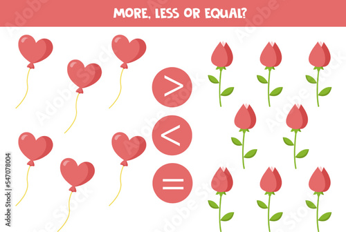 More, less or equal with cartoon valentine day balloon and rose.