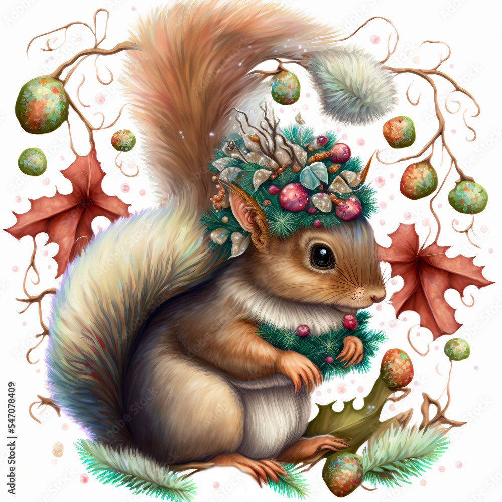 Little baby squirrel among Christmas decoration, greeting card watercolor vintage illustration 