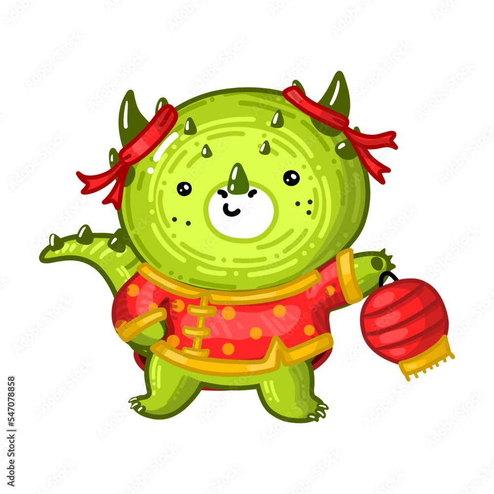 Obraz premium Happy Chinese new year greeting character 2024. The symbol of new year is dragon. Cute green Dragon in red costume with paper lantern.