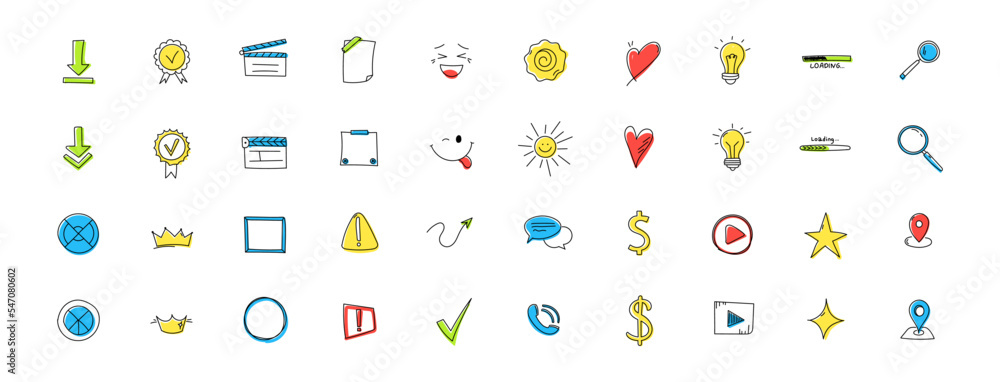 Doodle colored hand drawn icons set Doodle colored hand drawn icons set