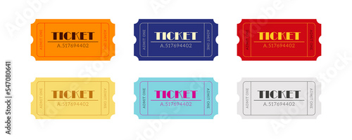 Ticket vector design template. Carnival voucher pass symbol. Six colors concept.
