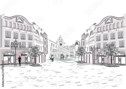 Series of street views in the old city. Hand drawn vector architectural background with historic buildings. Black & white sketch
