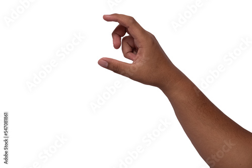 Mature male hand showing small size sign isolated on white background