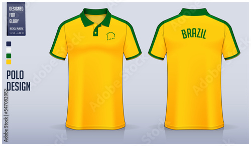 Yellow polo shirt mockup template design for soccer jersey, football kit, golf, tennis, sportswear. Brazil pattern.
