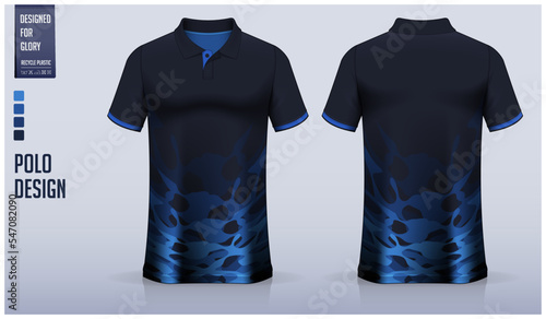 Blue polo shirt mockup template design for soccer jersey, football kit, golf, tennis, sportswear. Abstract pattern.