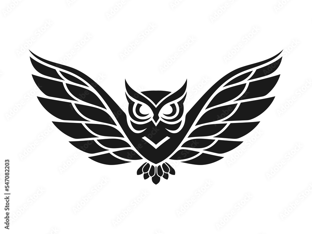 Obraz premium Owl with open wings, Black and white tattoo of eagle owl, front view. Qualitative vector illustration for circus, sports mascot, zoo, wildlife, nature, etc