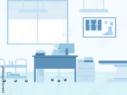 illustration of the interior of a medical office in a hospital or clinic, in a flat style. The doctor's office with a desk, medical armchair, shelf, furniture