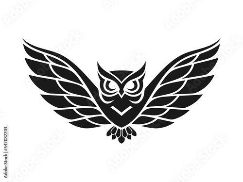 Owl with open wings,  Black and white tattoo of eagle owl, front view. Qualitative vector illustration for circus, sports mascot, zoo, wildlife, nature, etc