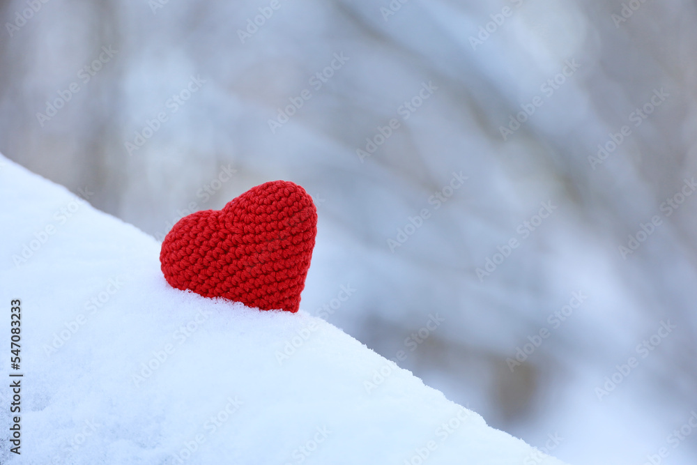 Fototapeta premium Red knitted heart in the snow on blurred forest background. Symbol of romantic love, Valentine's card