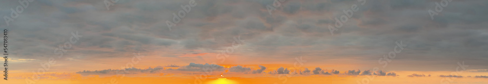 Fototapeta premium Sunset cloudy sky 360 panorama. Cloudscape nature background