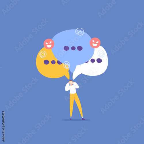 negative comments, protests, harsh criticism, threatening messages. people who are stressed and dizzy from getting bullied and ridiculed. victims of bullying and doxing. illustration concept design