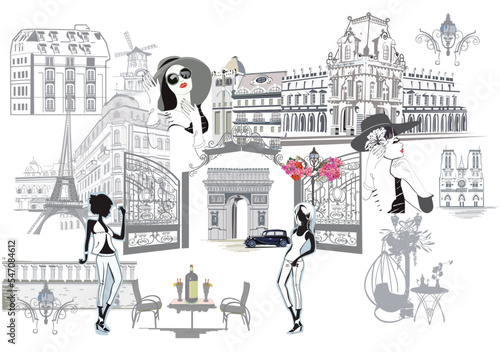 Set of Parisian symbols with cafes, fashion girls and musicians. Hand drawn vector background.