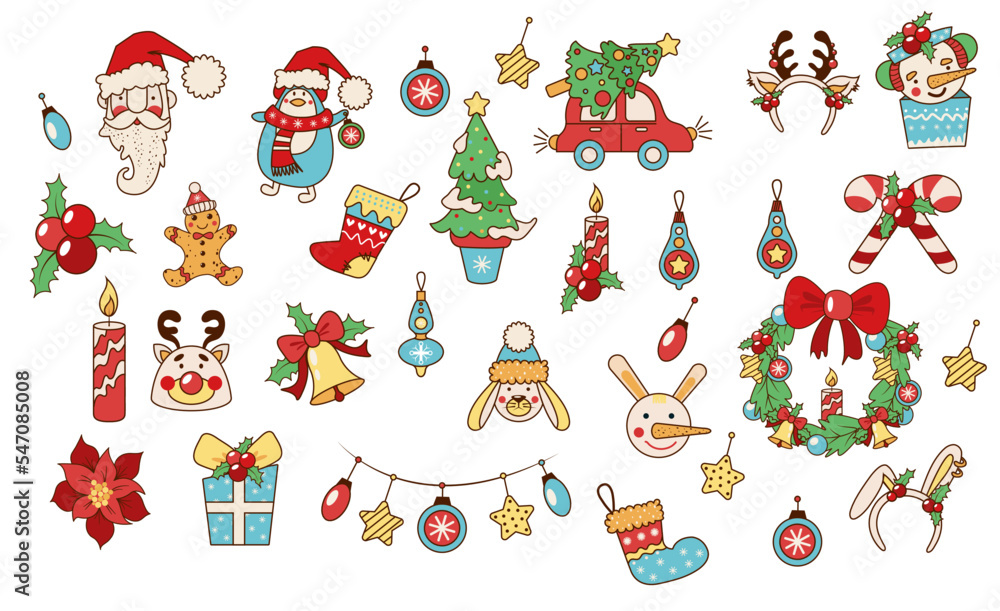 Naklejka premium Big Christmas collection with traditional Christmas Icon. Christmas decorative banner. Vector illustration