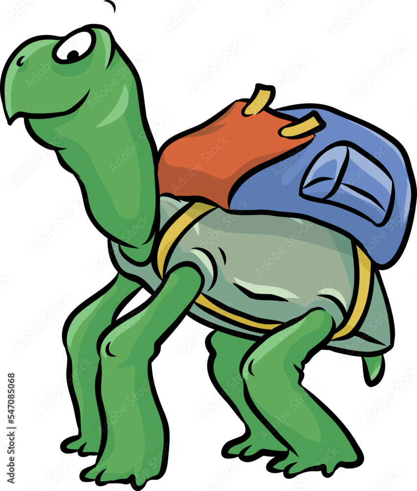 Obraz premium niedliche grüne Schildkröte unterwegs beim wandern mit buntem Rucksack