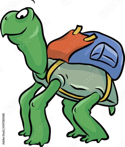 niedliche grüne Schildkröte unterwegs beim wandern mit buntem Rucksack
