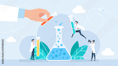 Science. Creation of medicines. Medical pharmacy Industry example with scientists. Laboratory where people are exploring, learning, building knowledge and gathering research data. Vector illustration
