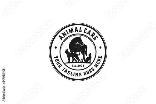 Animal care vet logo design dog horse cat illustration