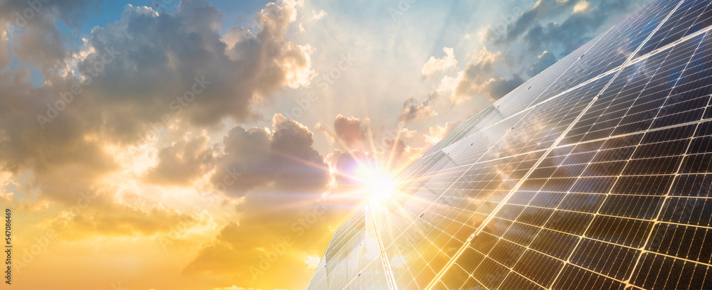 Sun rays over solar panel, Solar energy, Renewable energy concept.  - obrazy, fototapety, plakaty 