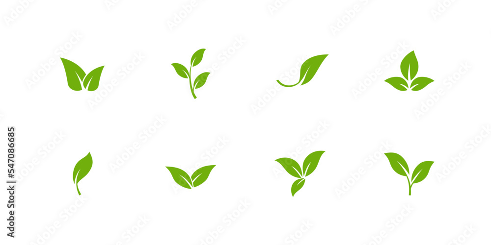 Green leaves icons set. Eco symbol of natural foliage for environment logo and food quality sign without chemical and hazardous vector additives Green leaves icons set. Eco symbol of natural foliage for environment logo and food quality sign without chemical and hazardous vector additives