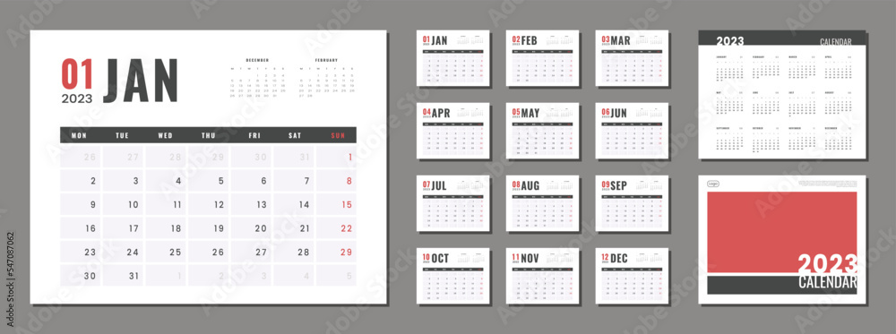 Set of 2023 Calendar Planner Template, and cover with Place for Photo, Company Logo. Vector simple gray grid layout for wall or desk calendar with week start on Monday for print Set of 2023 Calendar Planner Template, and cover with Place for Photo, Company Logo. Vector simple gray grid layout for wall or desk calendar with week start on Monday for print
