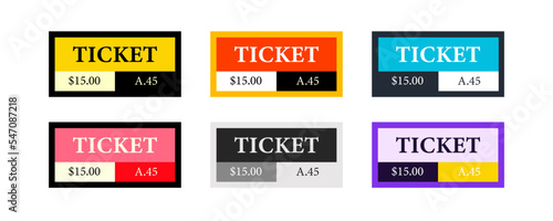 Recreation ticket vector design template. Event voucher pass symbol. Six colors concept.