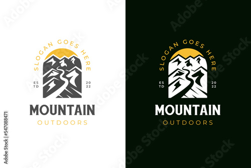 mountain landscape with rocks at sunrise, Sea and Sun for Hipster Adventure Traveling logo can be used biker cross