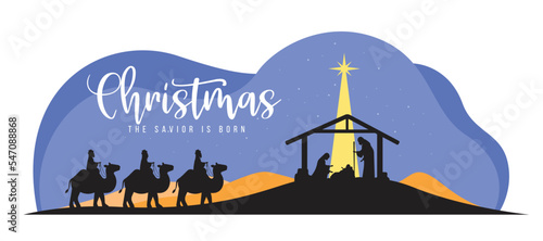 Christmas, the savior is born banner with Nightly christmas scenery mary and joseph in a manger with baby Jesus and Three wise men go for the star of Bethlehem vector design
