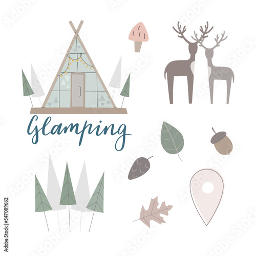 Set of glamping vector illustrations with deers, pine forest, leaves for creat design. Cute elements for merch, web, social media