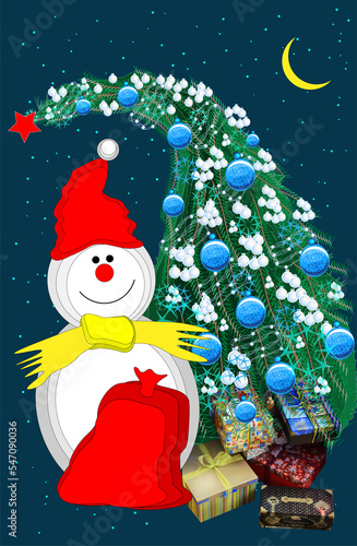 Snowman witn Bag of Gifts and Christmas Tree decorated Balls