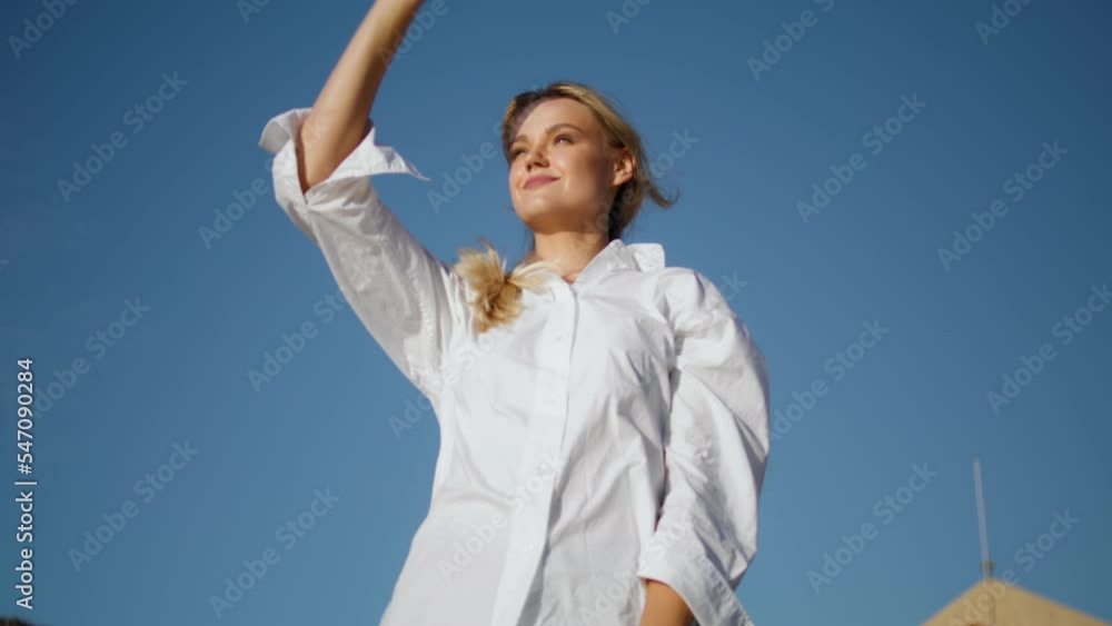 Sensual lady posing sky background closeup. Relaxed model enjoying castle place Sensual lady posing sky background closeup. Relaxed model enjoying castle place