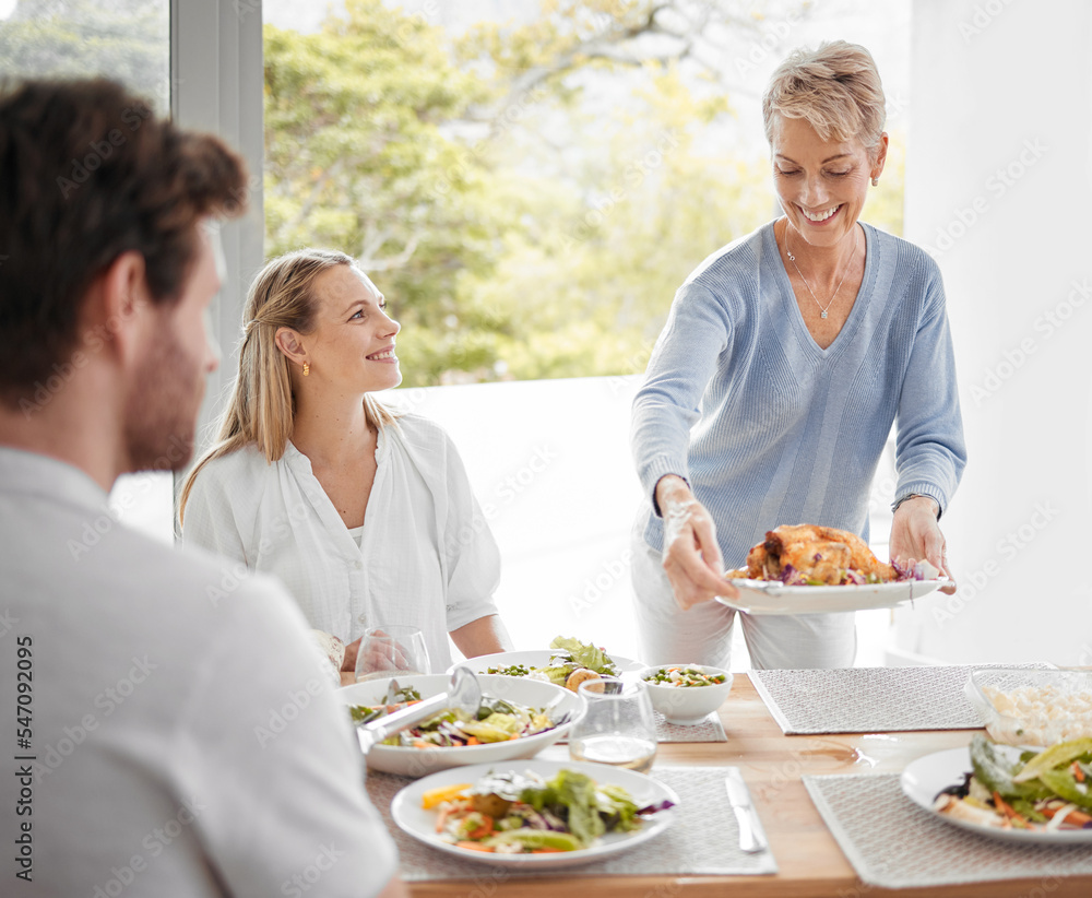 family, relax and dinner together in family home for happiness, big family conversation or healthy food at table. Happy lifestyle, women and man smile, eating lunch and luxury celebration in home