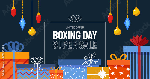 Boxing Day Concept. Different gift boxes for Santa Claus presents. Happy New Year. Winter holidays. Flat style