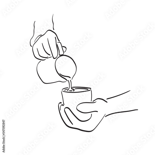 Barista pouring milk on coffee to make latte art illustration vector hand drawn isolated on white background line art.