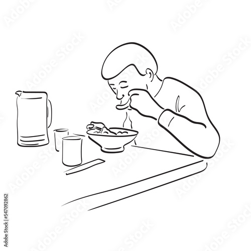 man eating noodles on table illustration vector hand drawn isolated on white background line art.