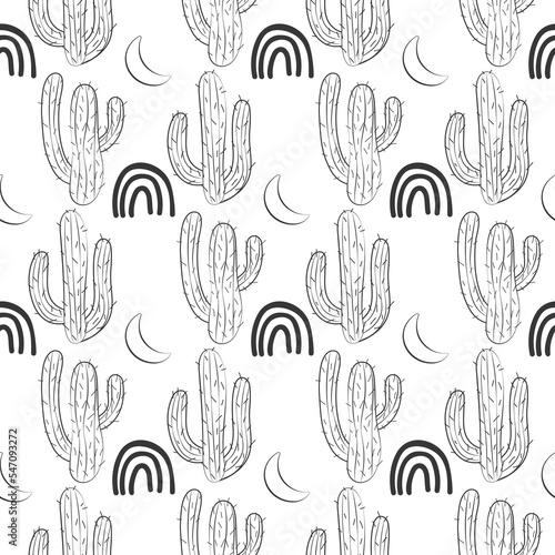 black and white seamless pattern with doodle cactuses