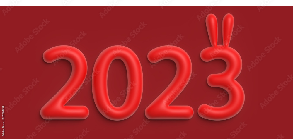 2023 year with rabbit ears.The Chinese new year 2023 The year of the rabbit. Happy Chinese New Year 2023.Red 3d numbers on a red background. Lunar new year. 2023 year with rabbit ears.The Chinese new year 2023 The year of the rabbit. Happy Chinese New Year 2023.Red 3d numbers on a red background. Lunar new year.