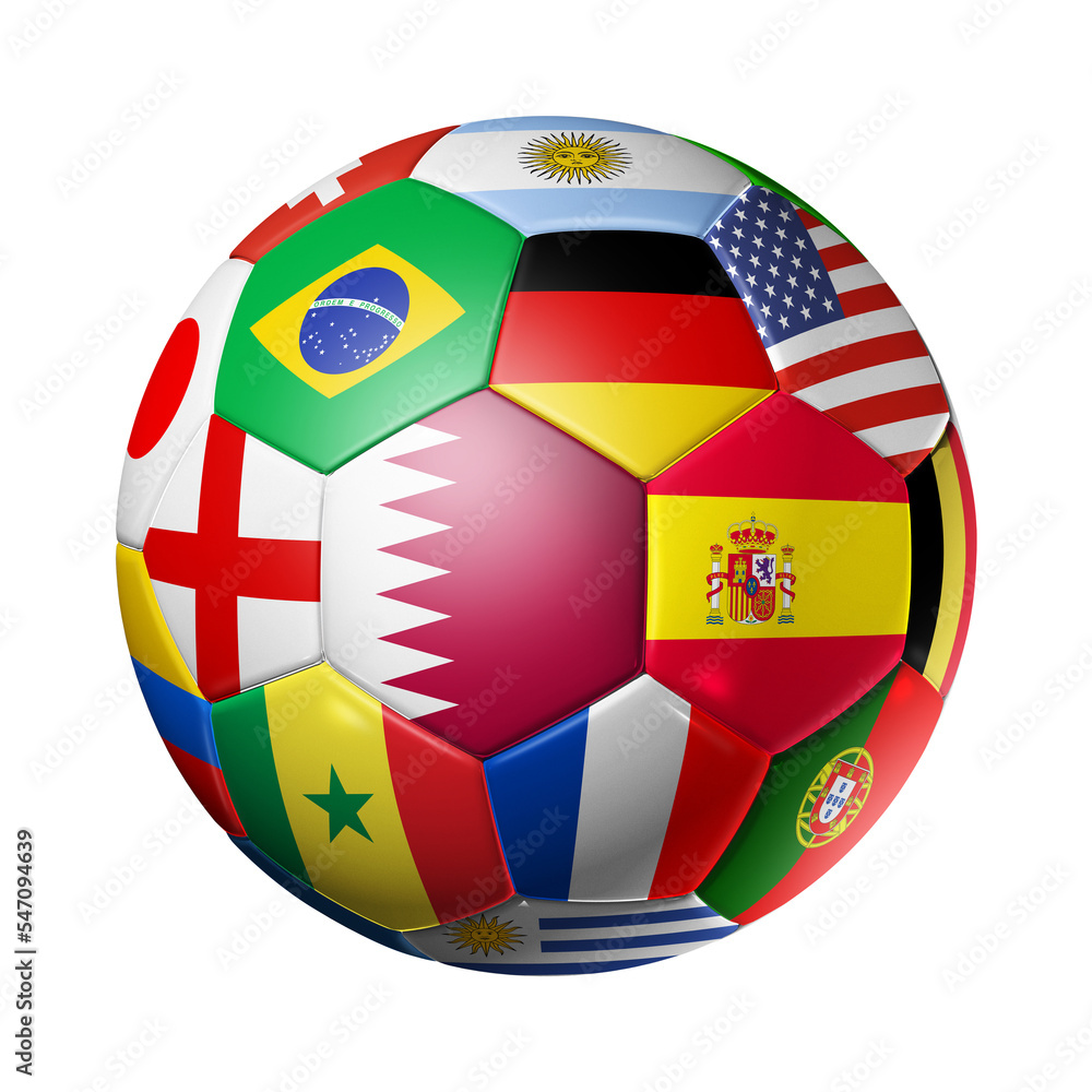 Qatar 2022. Football soccer ball with team national flags. 3D illustration isolated on white background Qatar 2022. Football soccer ball with team national flags. 3D illustration isolated on white background