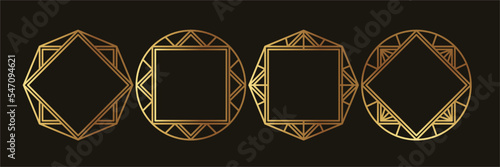 Set of luxury geometric gold frame vector. Gradient gold art deco, antique, vintage style, geometric line shape on black background. Elegant design illustration for card, decoration, poster, banner.