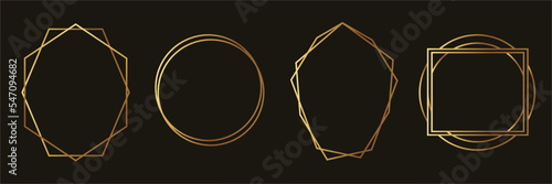 Set of luxury geometric gold frame vector. Gradient gold polygonal geometric shape on black background template. Elegant design illustration for wedding invitation card, decoration, poster, banner.