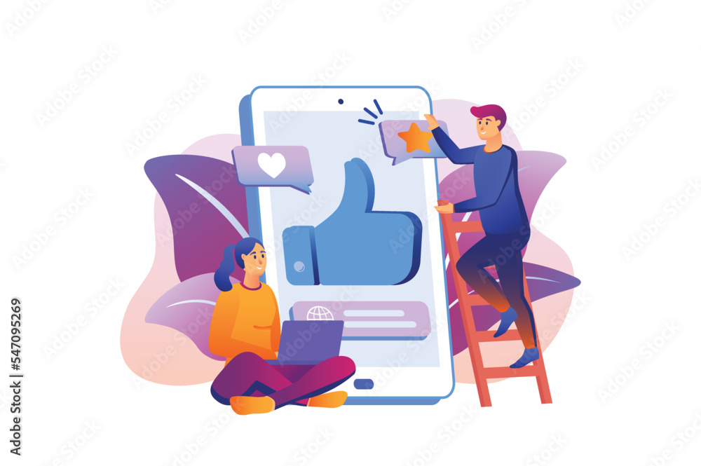 Reviews violet gradient concept with people scene in the flat cartoon style. Girl and boy review feedback for their work. Vector illustration. Reviews violet gradient concept with people scene in the flat cartoon style. Girl and boy review feedback for their work. Vector illustration.