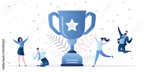 Businesspeople jump and celebrate near winner cup. Trophy, award ceremony. Employee recognition or proud workers of the month business. Winners of business competition.