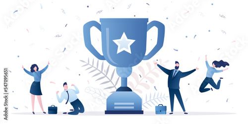 Group of employees jump and celebrate near winner cup. Trophy, award ceremony. Recognition or proud workers of the month business. Winners of business competition. Happy managers, cooperation.