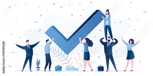 Business team holds big checkmark. Successful finish of business project. Joint decision-making, negotiation. Team of employees overcoming difficulties. Communication, сhoosing right answer,