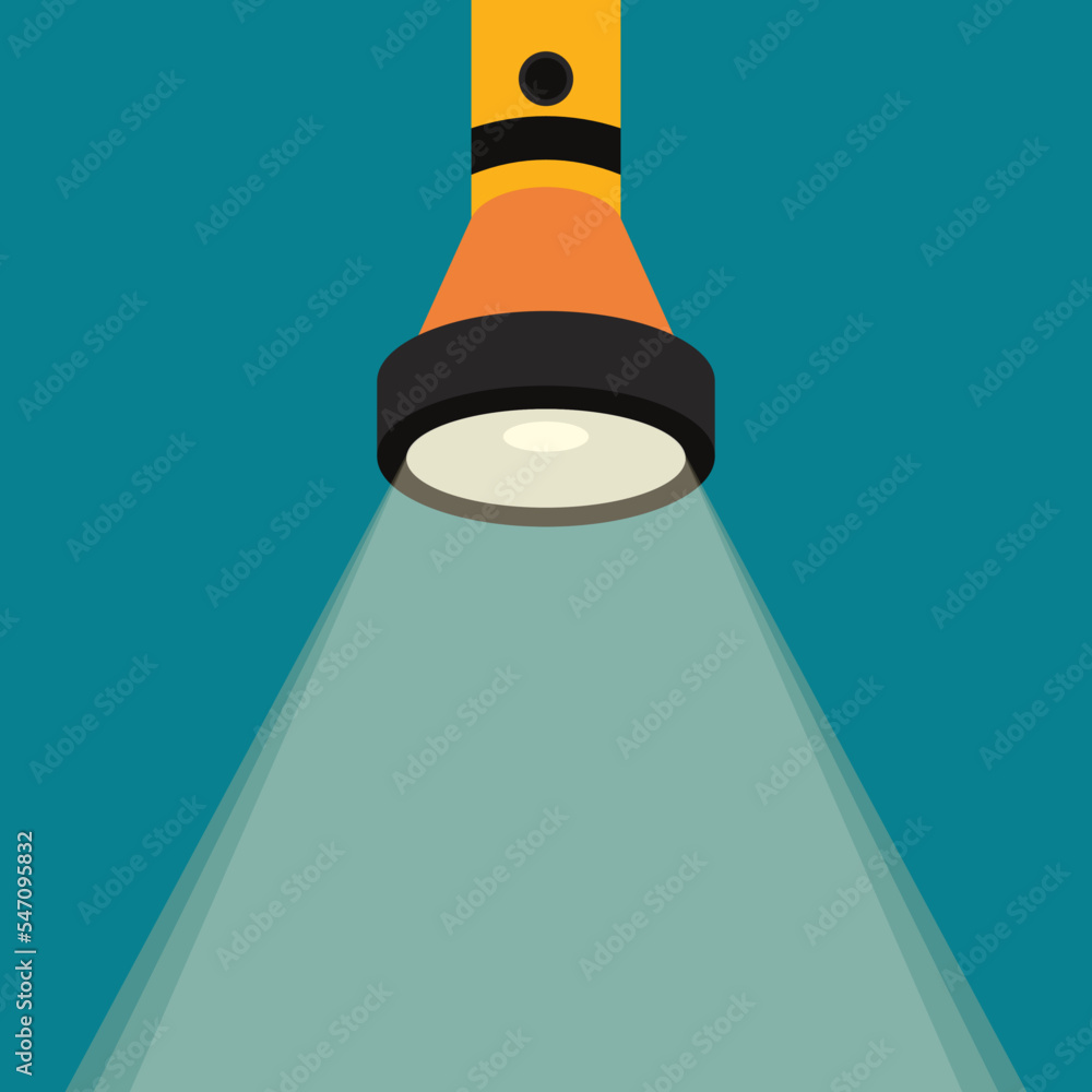 Electric flashlight with light beam and copy space. Handle electrical torch with ray. Marketing