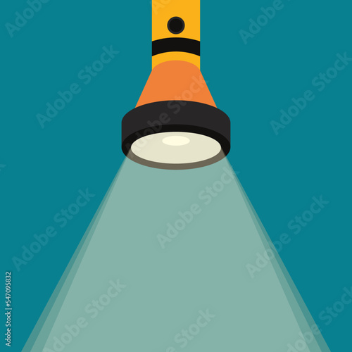 Electric flashlight with light beam and copy space. Handle electrical torch with ray. Marketing, search, research concept. Place for text, template banner. Flat style design.