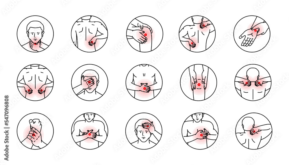 Human body pains in circle set. Arthritis and rheumatism, joint pain illustration. Ache in head