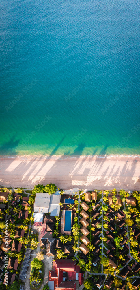 Fototapeta premium Aerial view of Long Beach at sunset, in Koh Lanta, Krabi, Thailand