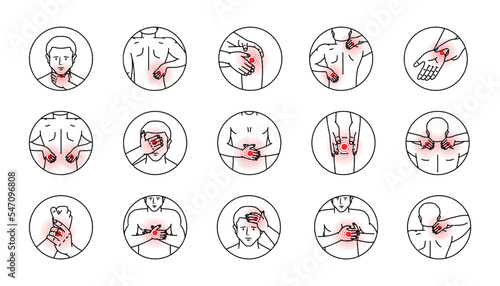 Human body pains in circle set. Arthritis and rheumatism, joint pain illustration. Ache in head, neck, shoulder, knee, chest, wrist, back, elbow.