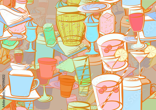 Background pattern abstract design texture. Seamless. Table setting and Drinks. Theme is about spoon, cloth napkin, cardboard, bubbles, squares, drinking tube, cup, pepper pot, holes, board